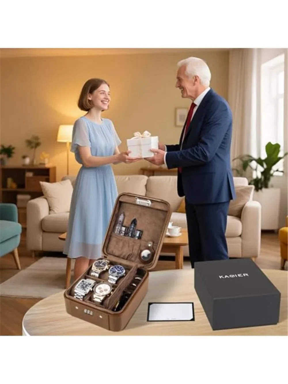 Leather Watch Travel Case 4 Slot Watch Box Lockable Jewelry Storage Organizer
